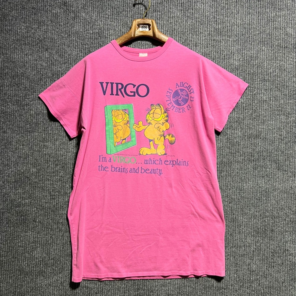 Vintage Garfield Night Gown Shirt Womens XL Pink Virgo Zodiac Single Stitch 70s